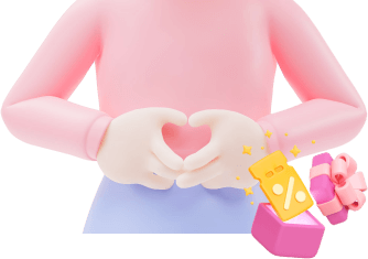 Illustration of a person making a heart shape with their hands, with a gift box and a discount voucher floating in front